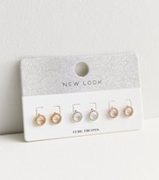 New Look 3 Pack Silver Gold and Rose Gold Cubic Zirconia Circle Stud Earrings